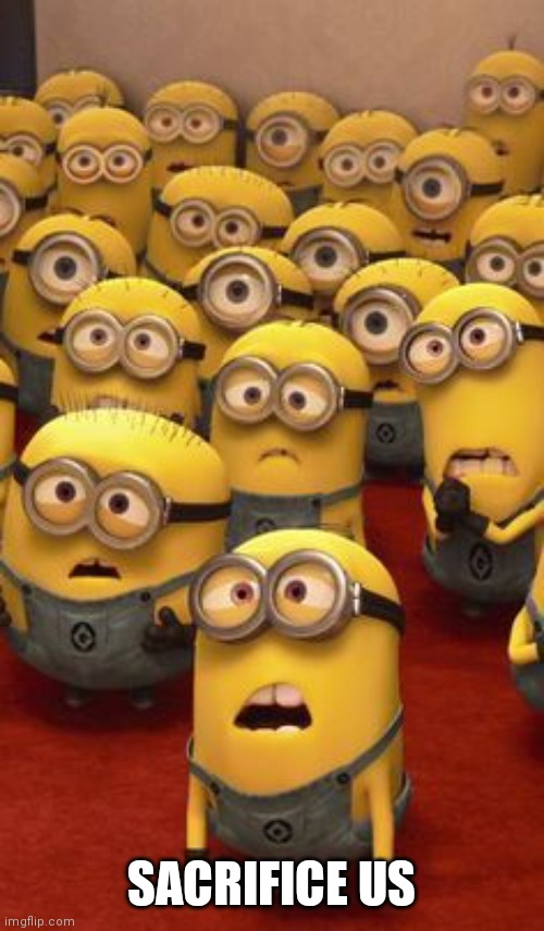 minions confused | SACRIFICE US | image tagged in minions confused | made w/ Imgflip meme maker