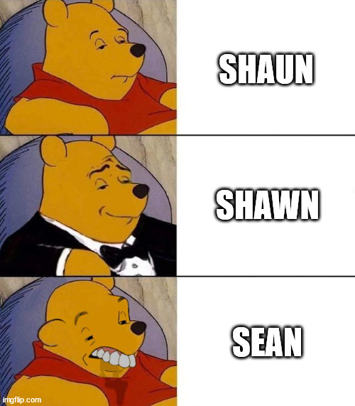 Epic > More epic > Huh? | SHAUN; SHAWN; SEAN | image tagged in tuxedo winnie the pooh | made w/ Imgflip meme maker