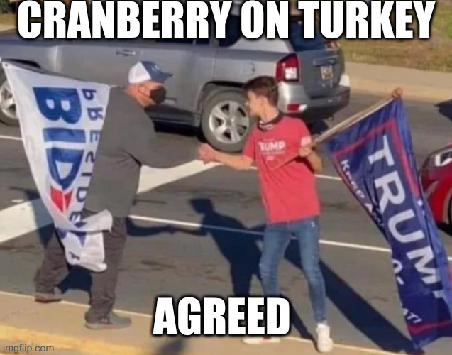 see we are the same! merry Christmas! | CRANBERRY ON TURKEY; AGREED | image tagged in agreement,politics lol | made w/ Imgflip meme maker