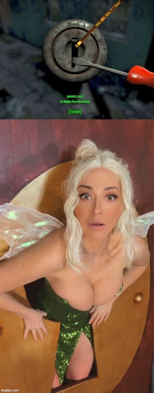 Tinker her bell | insta: artyfakes | image tagged in fallout lock picking,tinkerbell,disney,cosplay,fairy,cosplayer | made w/ Imgflip meme maker