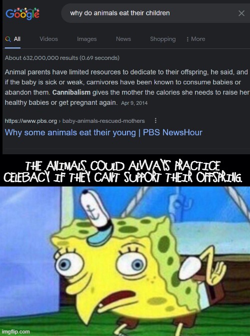 Abortion is a natural course of nature. Man has simply made it safe and humane. | THE ANIMALS COULD ALWAYS PRACTICE CELEBACY IF THEY CAN'T SUPPORT THEIR OFFSPRING. | image tagged in black background,spongebob stupid,abortion,roe v wade,my body my choice,pro choice | made w/ Imgflip meme maker