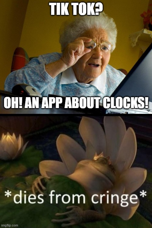 No... No, it is not... | TIK TOK? OH! AN APP ABOUT CLOCKS! | image tagged in memes,grandma finds the internet,dies from cringe | made w/ Imgflip meme maker