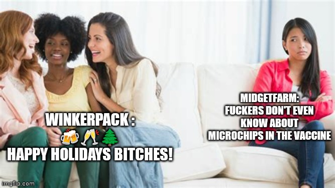 alone at a party | MIDGETFARM:
FUCKERS DON'T EVEN KNOW ABOUT MICROCHIPS IN THE VACCINE; WINKERPACK :
🍻🥂🌲
HAPPY HOLIDAYS BITCHES! | image tagged in alone at a party | made w/ Imgflip meme maker