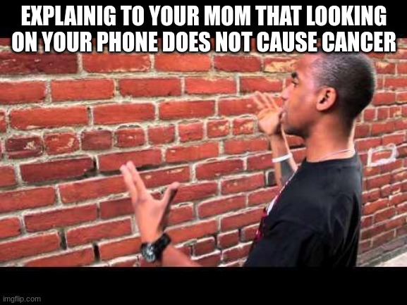 eeeeeee | EXPLAINING TO YOUR MOM THAT LOOKING ON YOUR PHONE DOES NOT CAUSE CANCER | image tagged in brick wall guy,memes,funny,parents,phone | made w/ Imgflip meme maker