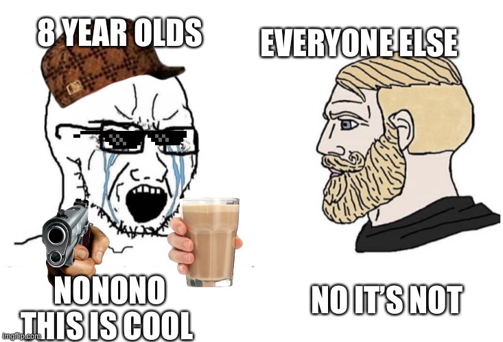 Accurate | 8 YEAR OLDS; EVERYONE ELSE; NO IT’S NOT; NONONO THIS IS COOL | image tagged in soyboy vs yes chad | made w/ Imgflip meme maker
