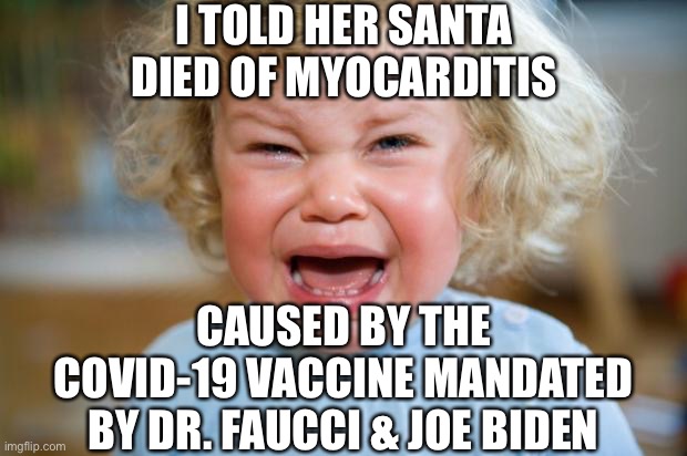 Fauci killed Santa | I TOLD HER SANTA DIED OF MYOCARDITIS; CAUSED BY THE COVID-19 VACCINE MANDATED BY DR. FAUCCI & JOE BIDEN | image tagged in crying kid,letsgetwordy,santa,covid vaccine | made w/ Imgflip meme maker