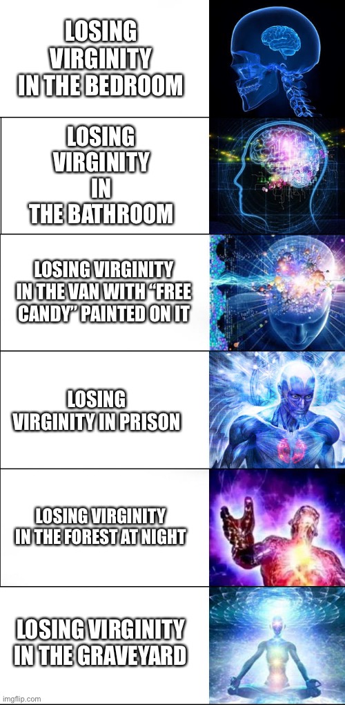 a | LOSING VIRGINITY IN THE BEDROOM; LOSING VIRGINITY IN THE BATHROOM; LOSING VIRGINITY IN THE VAN WITH “FREE CANDY” PAINTED ON IT; LOSING VIRGINITY IN PRISON; LOSING VIRGINITY IN THE FOREST AT NIGHT; LOSING VIRGINITY IN THE GRAVEYARD | made w/ Imgflip meme maker