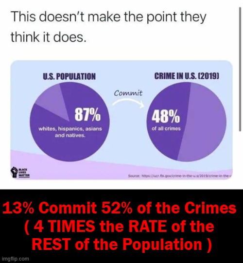 *This Was in 2019 So Are "Pre Smash & Grab" Numbers.... |  13% Commit 52% of the Crimes 

( 4 TIMES the RATE of the 

REST of the Population ) | image tagged in political meme,liberals vs conservatives,crime,statistics,blm,liberalism | made w/ Imgflip meme maker
