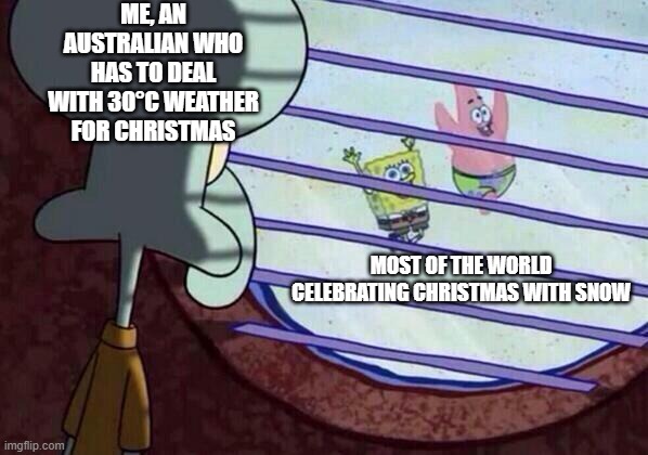 Really true | ME, AN AUSTRALIAN WHO HAS TO DEAL WITH 30°C WEATHER FOR CHRISTMAS; MOST OF THE WORLD CELEBRATING CHRISTMAS WITH SNOW | image tagged in squidward window | made w/ Imgflip meme maker