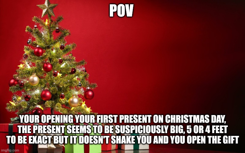 christmas present | POV; YOUR OPENING YOUR FIRST PRESENT ON CHRISTMAS DAY, THE PRESENT SEEMS TO BE SUSPICIOUSLY BIG, 5 OR 4 FEET TO BE EXACT BUT IT DOESN'T SHAKE YOU AND YOU OPEN THE GIFT | image tagged in christmas present | made w/ Imgflip meme maker