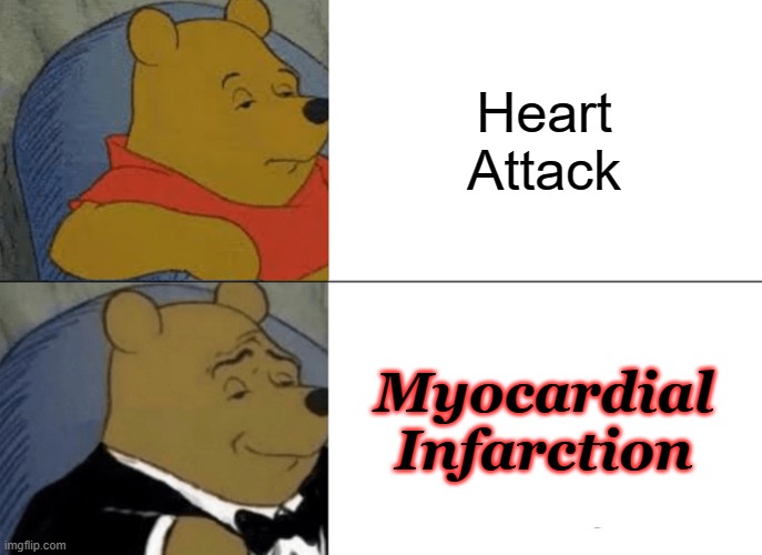 Myocardial Infarction | Heart Attack; Myocardial Infarction | image tagged in memes,tuxedo winnie the pooh | made w/ Imgflip meme maker