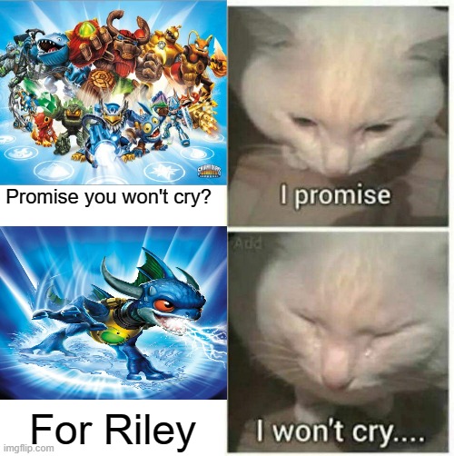Now that I saw that I am getting Zap for Christmas, I can't forget the "For Riley" story | Promise you won't cry? For Riley | image tagged in i promise i won't cry,skylanders,christmas | made w/ Imgflip meme maker