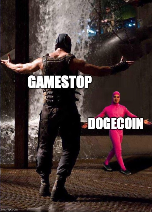 gamestop dogecoin | GAMESTOP; DOGECOIN | image tagged in pink guy vs bane | made w/ Imgflip meme maker
