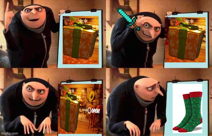 Gru gets socks for christmas | image tagged in memes,gru's plan,fortnite,christmas | made w/ Imgflip meme maker