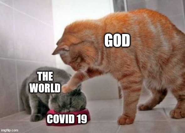 Cat earth | GOD; THE WORLD; COVID 19 | image tagged in force feed cat | made w/ Imgflip meme maker