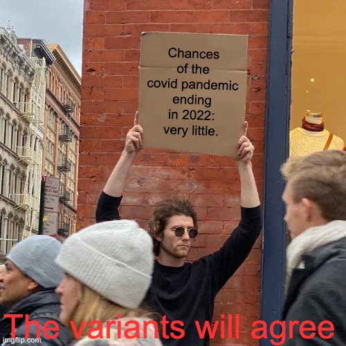 We've been stuck in this stupid pandemic for almost two years, and there are STILL people who don't take it seriously | Chances of the covid pandemic ending in 2022: very little. The variants will agree | image tagged in memes,guy holding cardboard sign,covid,2022,pandemic | made w/ Imgflip meme maker