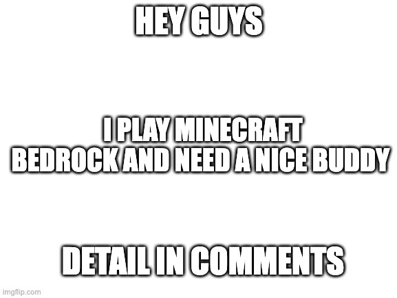 Blank White Template |  HEY GUYS; I PLAY MINECRAFT BEDROCK AND NEED A NICE BUDDY; DETAIL IN COMMENTS | image tagged in blank white template,minecraft | made w/ Imgflip meme maker