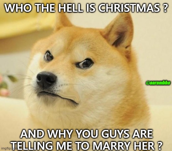 Anyways, Enjoy ! | WHO THE HELL IS CHRISTMAS ? ©aarambha; AND WHY YOU GUYS ARE TELLING ME TO MARRY HER ? | image tagged in angry doge | made w/ Imgflip meme maker