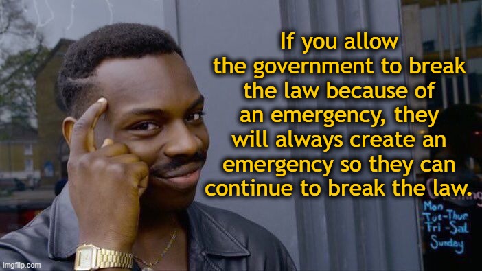 Roll Safe Think About It Meme | If you allow the government to break the law because of an emergency, they will always create an emergency so they can continue to break the law. | image tagged in memes,roll safe think about it | made w/ Imgflip meme maker