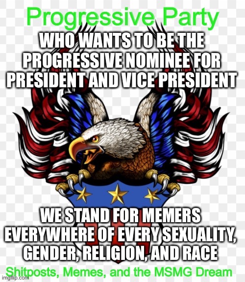 MSMG government stream | WHO WANTS TO BE THE PROGRESSIVE NOMINEE FOR PRESIDENT AND VICE PRESIDENT; WE STAND FOR MEMERS EVERYWHERE OF EVERY SEXUALITY, GENDER, RELIGION, AND RACE | image tagged in msmg government progressive logo | made w/ Imgflip meme maker