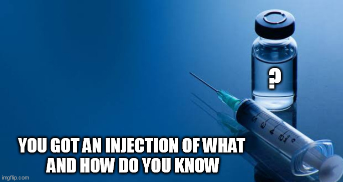 VAX? |  ? YOU GOT AN INJECTION OF WHAT 
AND HOW DO YOU KNOW | image tagged in vax | made w/ Imgflip meme maker