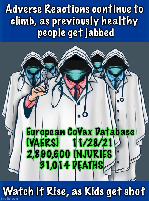 Eye Opening Europe Numbers | Adverse Reactions continue to 
climb, as previously healthy 
people get jabbed; European CoVax Database 
(VAERS)     11/28/21
2,890,600 INJURIES
     31,014 DEATHS; Watch it Rise, as Kids get shot | image tagged in memes,covid,vaccines | made w/ Imgflip meme maker