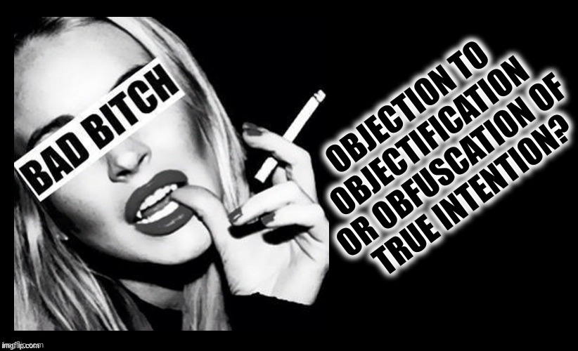 BAD BITCH ,,, | OBJECTION TO OBJECTIFICATION OR OBFUSCATION OF
TRUE INTENTION? | image tagged in bad bitch | made w/ Imgflip meme maker
