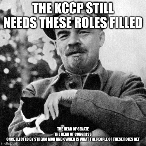shadilay everyone imgflip.com/m/MS_MEMER_GOVERNMENT | THE KCCP STILL NEEDS THESE ROLES FILLED; THE HEAD OF SENATE
THE HEAD OF CONGRESS
ONCE ELECTED BY STREAM MOD AND OWNER IS WHAT THE PEOPLE OF THESE ROLES GET | made w/ Imgflip meme maker