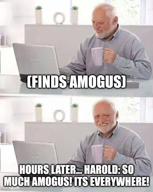 so much amoguz | (FINDS AMOGUS); HOURS LATER... HAROLD: SO MUCH AMOGUS! ITS EVERYWHERE! | image tagged in memes,hide the pain harold | made w/ Imgflip meme maker