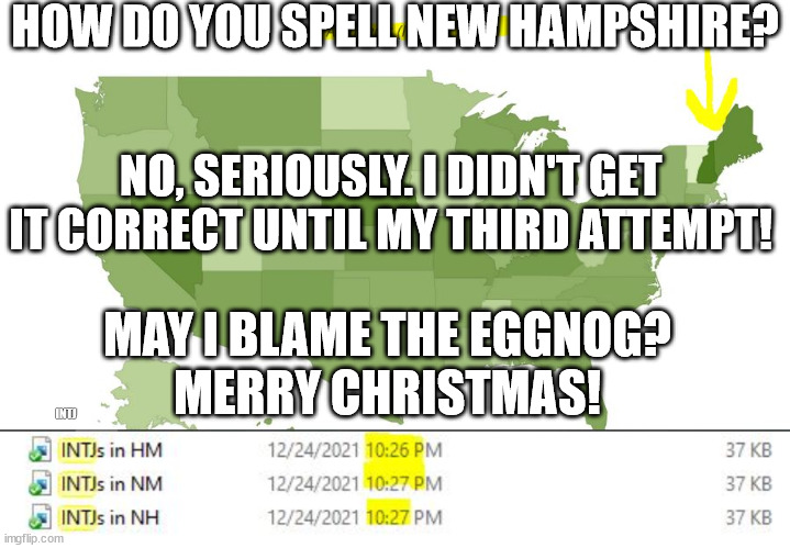 How do you spell New Hampshire? | HOW DO YOU SPELL NEW HAMPSHIRE? NO, SERIOUSLY. I DIDN'T GET IT CORRECT UNTIL MY THIRD ATTEMPT! MAY I BLAME THE EGGNOG? MERRY CHRISTMAS! INTJ | image tagged in new hampshire,eggnog,fsp,merry christmas | made w/ Imgflip meme maker