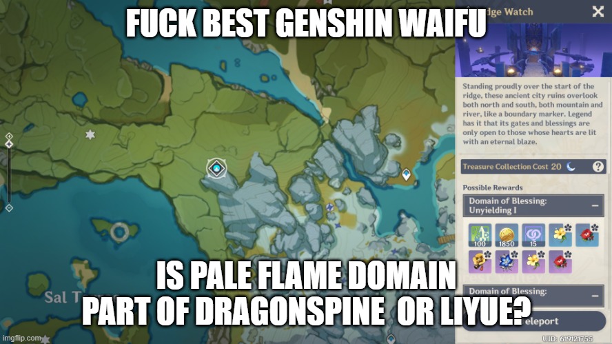 FUCK BEST GENSHIN WAIFU; IS PALE FLAME DOMAIN PART OF DRAGONSPINE  OR LIYUE? | made w/ Imgflip meme maker