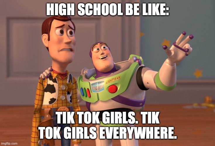 my high school: | HIGH SCHOOL BE LIKE:; TIK TOK GIRLS. TIK TOK GIRLS EVERYWHERE. | image tagged in memes,x x everywhere | made w/ Imgflip meme maker