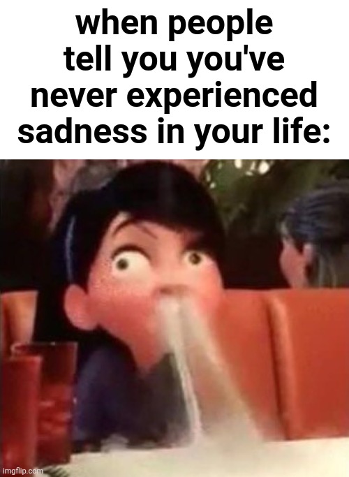 Violet spitting water out of her nose | when people tell you you've never experienced sadness in your life: | image tagged in violet spitting water out of her nose | made w/ Imgflip meme maker