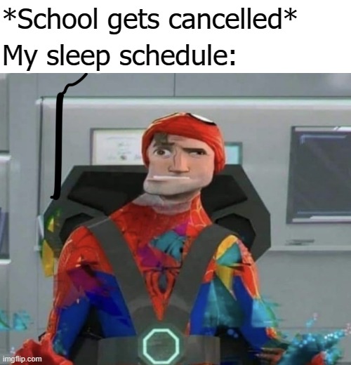 Spiderman Spider Verse Glitchy Peter | *School gets cancelled*; My sleep schedule: | image tagged in spiderman spider verse glitchy peter | made w/ Imgflip meme maker