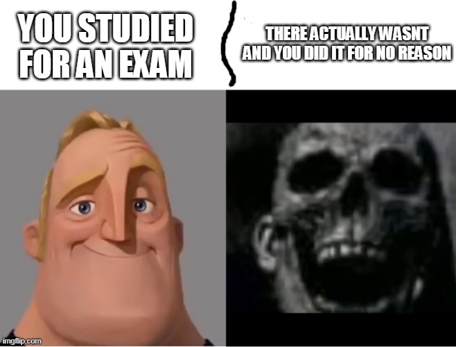 youactuallythaughttherewasathing | THERE ACTUALLY WASNT AND YOU DID IT FOR NO REASON; YOU STUDIED FOR AN EXAM | image tagged in mr incredible becoming uncanny small size version | made w/ Imgflip meme maker