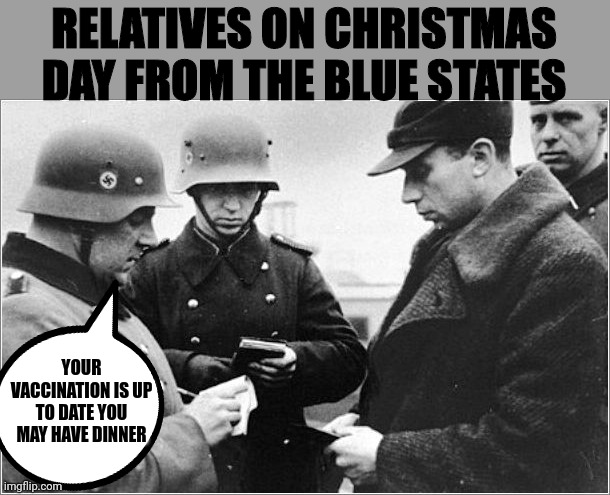 Nazi Papers | RELATIVES ON CHRISTMAS DAY FROM THE BLUE STATES; YOUR VACCINATION IS UP TO DATE YOU MAY HAVE DINNER | image tagged in nazi papers | made w/ Imgflip meme maker