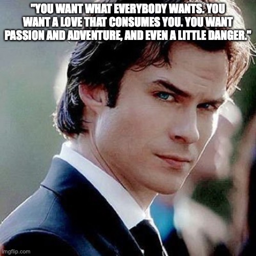 Damon Salvatore meme |  "YOU WANT WHAT EVERYBODY WANTS. YOU WANT A LOVE THAT CONSUMES YOU. YOU WANT PASSION AND ADVENTURE, AND EVEN A LITTLE DANGER." | image tagged in damon salvatore meme | made w/ Imgflip meme maker