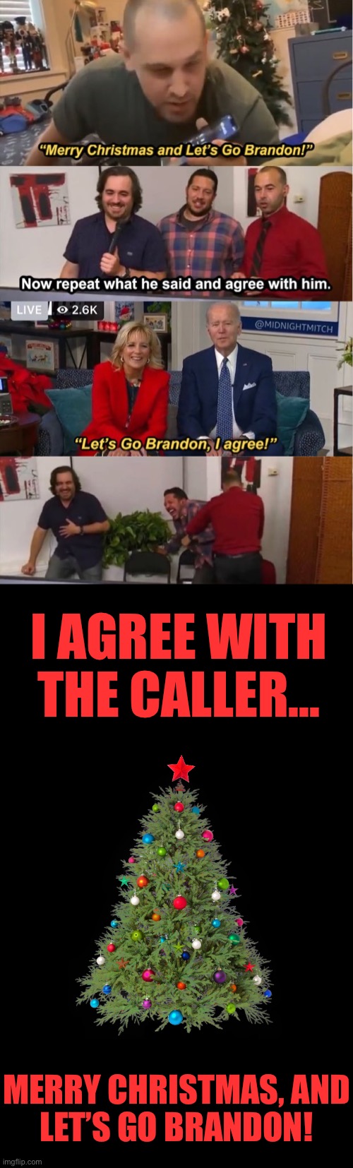 Joe Biden was taking live phone calls, and a dad ended his call with "Merry Christmas, and Let's Go Brandon”! | I AGREE WITH THE CALLER…; MERRY CHRISTMAS, AND
LET’S GO BRANDON! | image tagged in lets go brandon,fjb | made w/ Imgflip meme maker