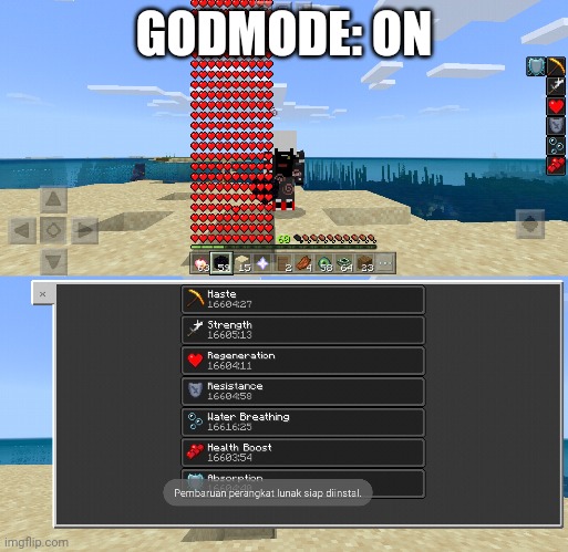 once again, showing minecraft crap. (also used another world) | GODMODE: ON | image tagged in hmm yes,all of the effects are level 255 btw | made w/ Imgflip meme maker