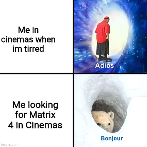 Me be like: |  Me in cinemas when im tirred; Me looking for Matrix 4 in Cinemas | image tagged in adios bonjour | made w/ Imgflip meme maker