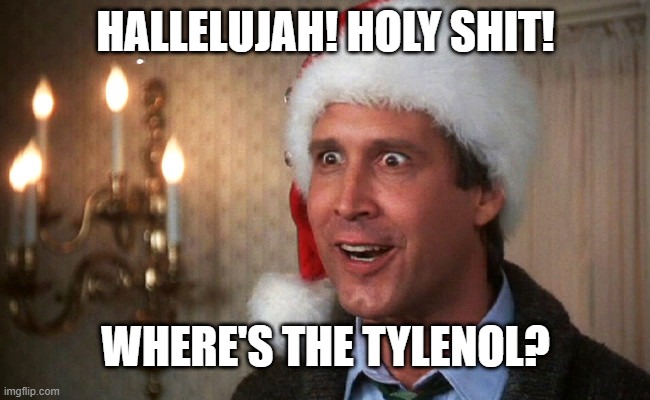 wheres the tylenol | HALLELUJAH! HOLY SHIT! WHERE'S THE TYLENOL? | image tagged in clark griswold,christmas vacation,hallelujah holy shit | made w/ Imgflip meme maker