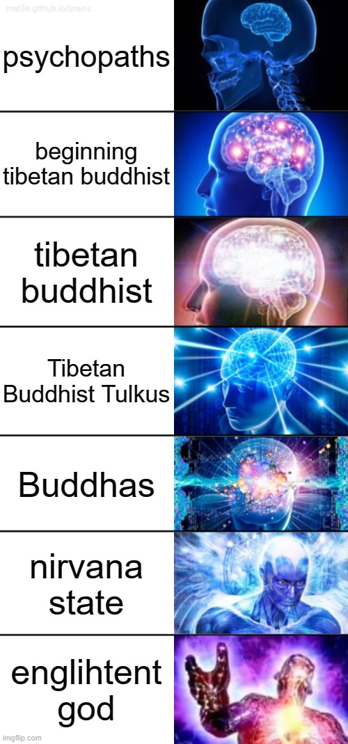 on a scale of psycho to god whats your englightment level | psychopaths; beginning tibetan buddhist; tibetan buddhist; Tibetan Buddhist Tulkus; Buddhas; nirvana state; englihtent god | image tagged in 7-tier expanding brain | made w/ Imgflip meme maker