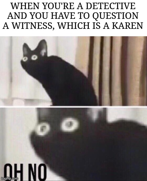 Oh no | WHEN YOU'RE A DETECTIVE AND YOU HAVE TO QUESTION A WITNESS, WHICH IS A KAREN | image tagged in oh no cat | made w/ Imgflip meme maker