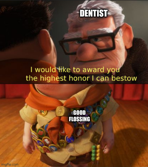 Up highest honor | DENTIST; GOOD FLOSSING | image tagged in up highest honor,memes | made w/ Imgflip meme maker
