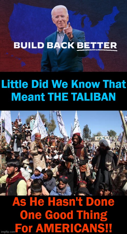 In Hindsight, More Like Joe Biden's "Brutal Bankrupting Betrayal".... | Little Did We Know That
Meant THE TALIBAN; As He Hasn't Done
One Good Thing
For AMERICANS!! | image tagged in politics,joe biden,build back better,brutal bankrupting betrayal,taliban,america | made w/ Imgflip meme maker