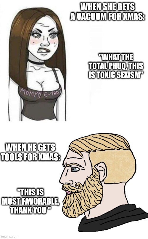 WHEN SHE GETS A VACUUM FOR XMAS:; "WHAT THE TOTAL PHUQ, THIS IS TOXIC SEXISM"; WHEN HE GETS TOOLS FOR XMAS:; "THIS IS MOST FAVORABLE, THANK YOU " | image tagged in funny memes | made w/ Imgflip meme maker