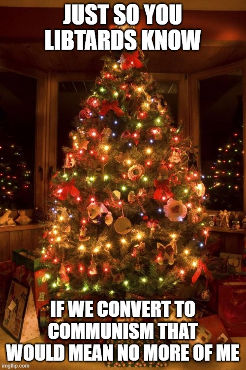 communism=no christmas | JUST SO YOU LIBTARDS KNOW; IF WE CONVERT TO COMMUNISM THAT WOULD MEAN NO MORE OF ME | image tagged in christmas tree | made w/ Imgflip meme maker