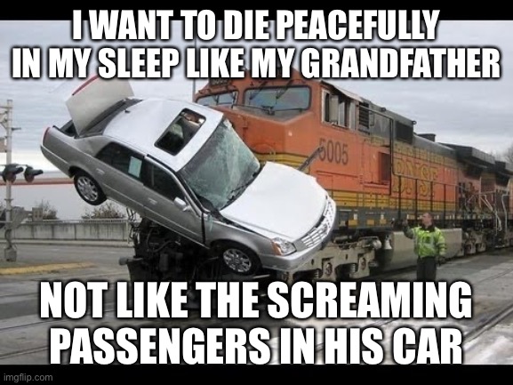 Merry Christmas to all and to all a happy new year | I WANT TO DIE PEACEFULLY IN MY SLEEP LIKE MY GRANDFATHER; NOT LIKE THE SCREAMING PASSENGERS IN HIS CAR | image tagged in car crash | made w/ Imgflip meme maker