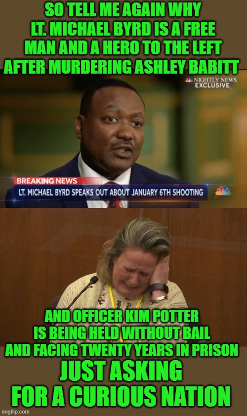 yep | SO TELL ME AGAIN WHY LT. MICHAEL BYRD IS A FREE MAN AND A HERO TO THE LEFT AFTER MURDERING ASHLEY BABITT; AND OFFICER KIM POTTER IS BEING HELD WITHOUT BAIL AND FACING TWENTY YEARS IN PRISON; JUST ASKING FOR A CURIOUS NATION | image tagged in democrats | made w/ Imgflip meme maker