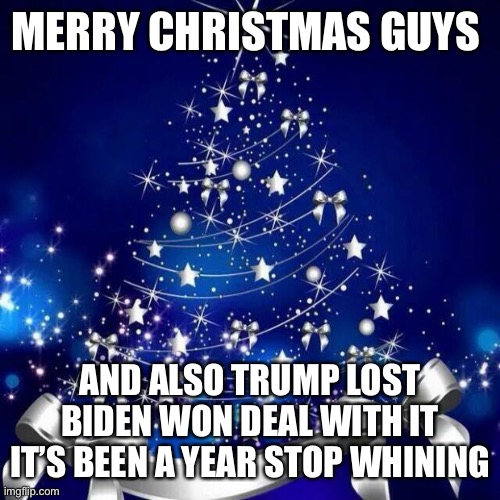 Merry Christmas  | MERRY CHRISTMAS GUYS; AND ALSO TRUMP LOST BIDEN WON DEAL WITH IT IT’S BEEN A YEAR STOP WHINING | image tagged in merry christmas | made w/ Imgflip meme maker